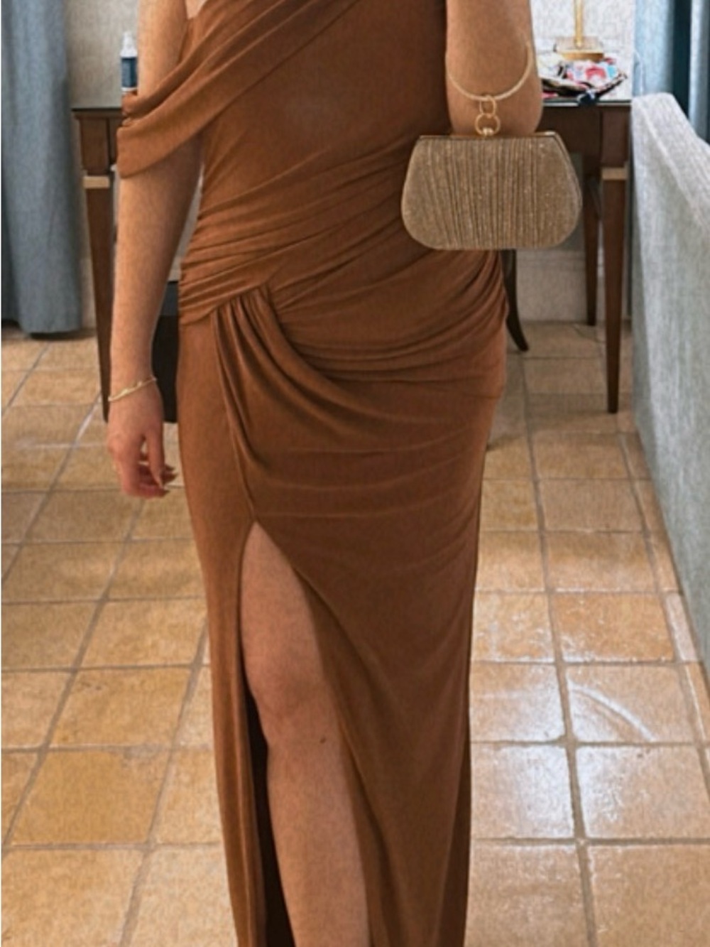 Windsor Brown One-Shoulder Ruched Maxi Dress with Side Slit